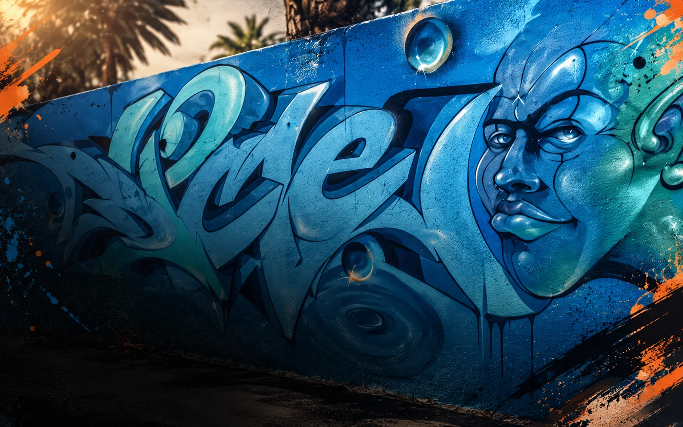 Mural urbano azul con lettering y un rostro pintado con spray