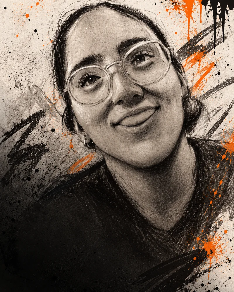 Retrato a carboncillo de una mujer con gafas con salpicaduras naranjas