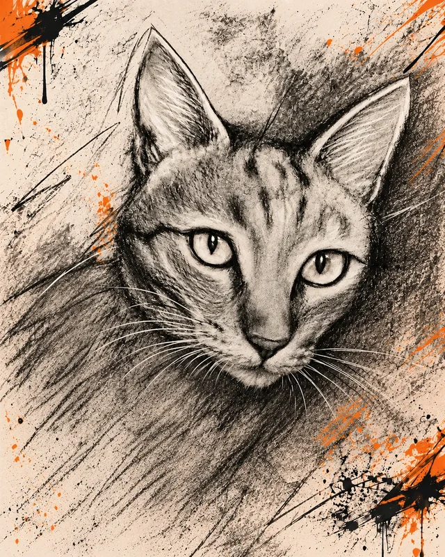 Retrato de un gato a carboncillo con detalles de graffiti