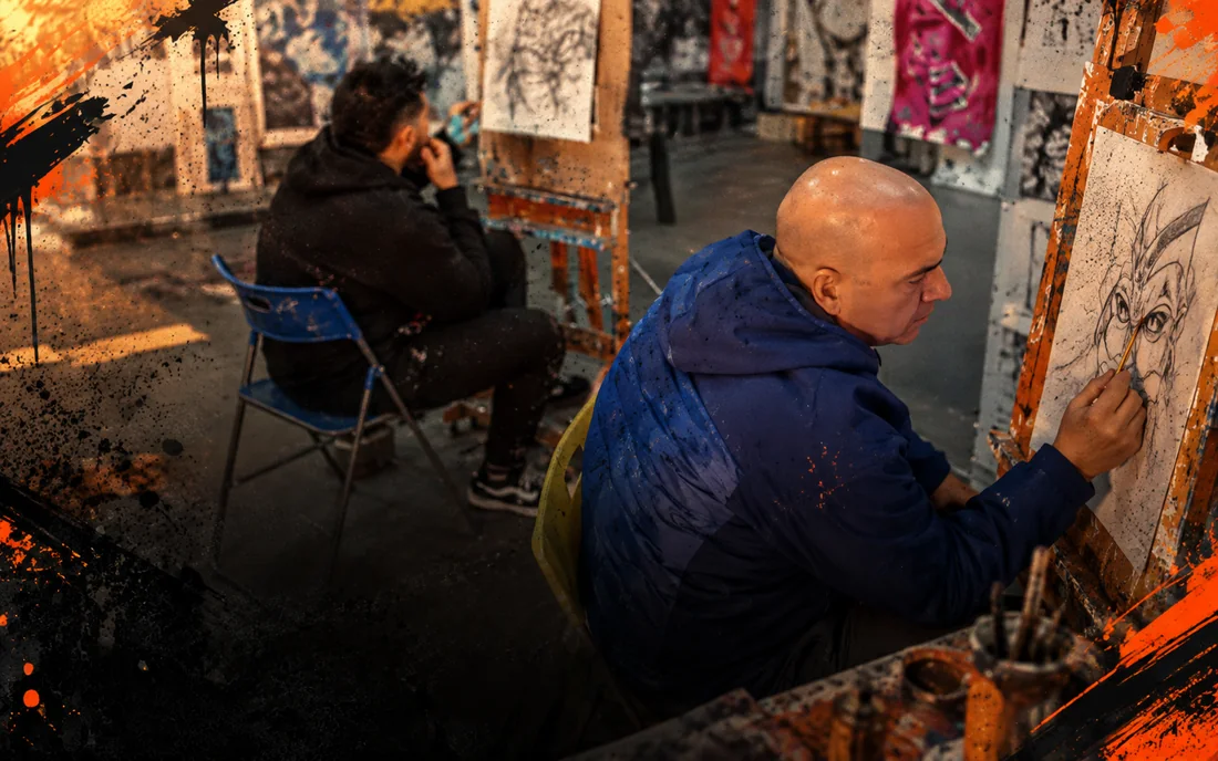 Taller de arte urbano con alumnos dibujando entre bocetos