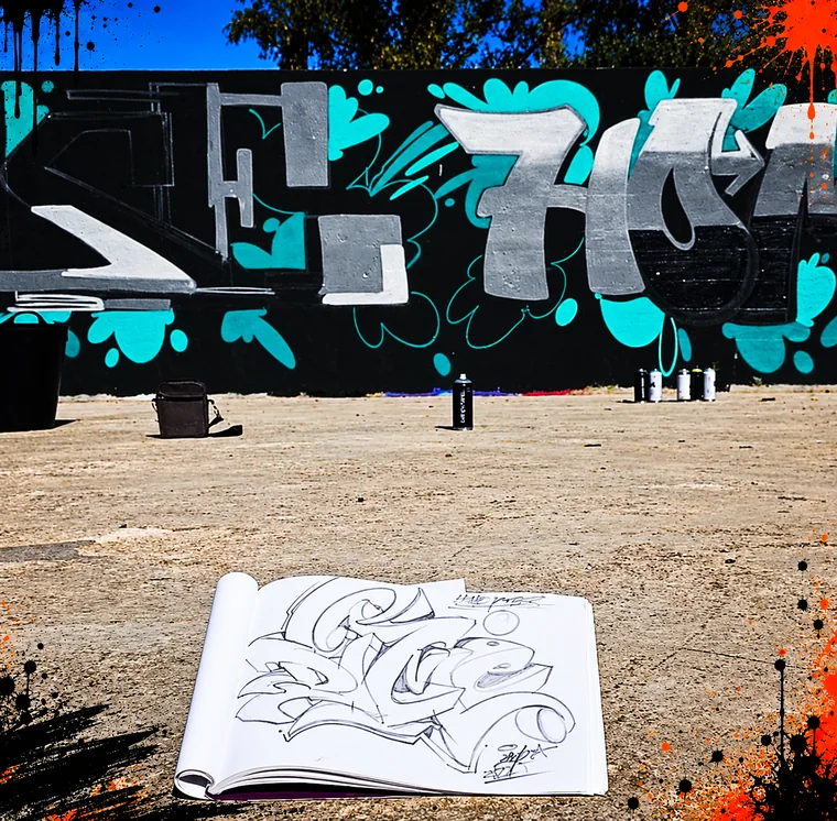 Mural de graffiti y cuaderno de bocetos durante una jornada de pintura