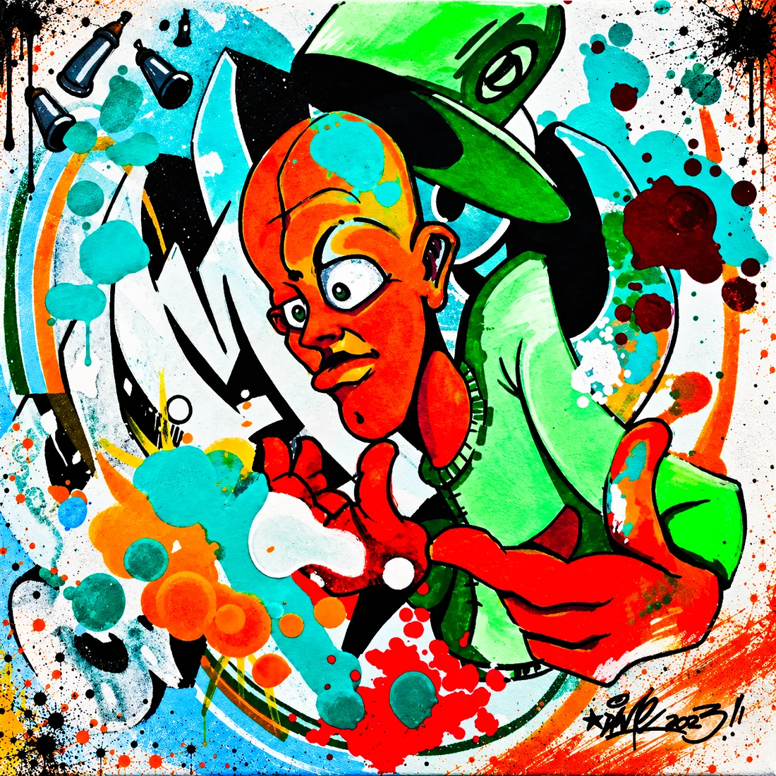 Ilustración de un personaje entre letras de graffiti creada por DIME