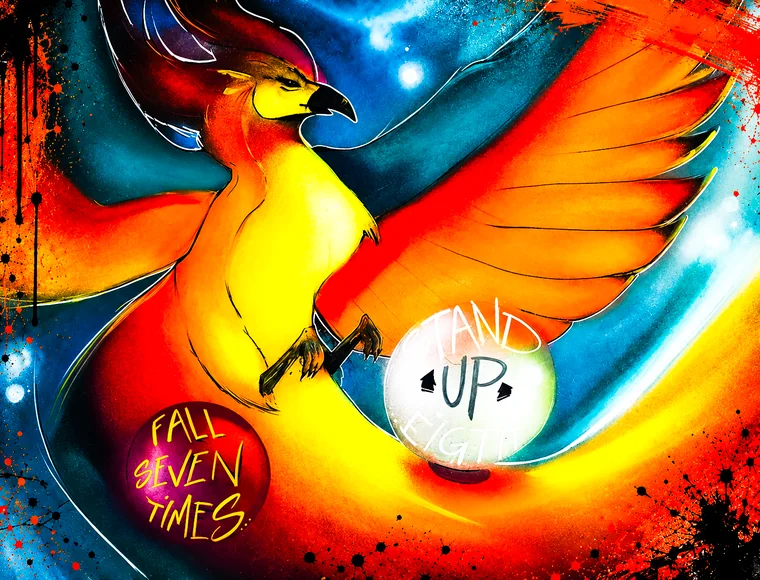 Ilustración de un ave fénix en tonos naranjas creada por DIME
