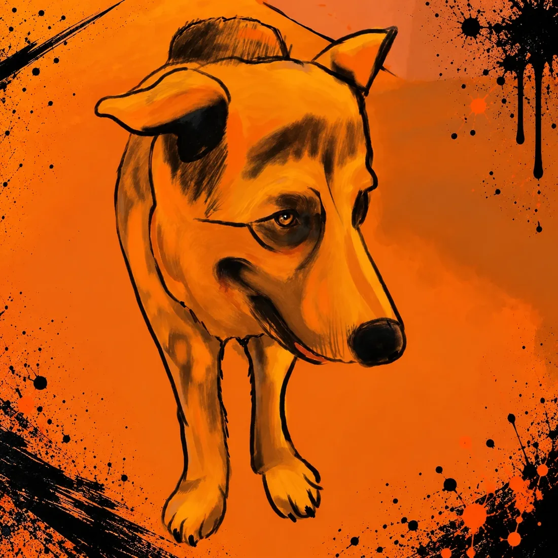 Retrato digital de un perro sobre fondo naranja realizado por DIME
