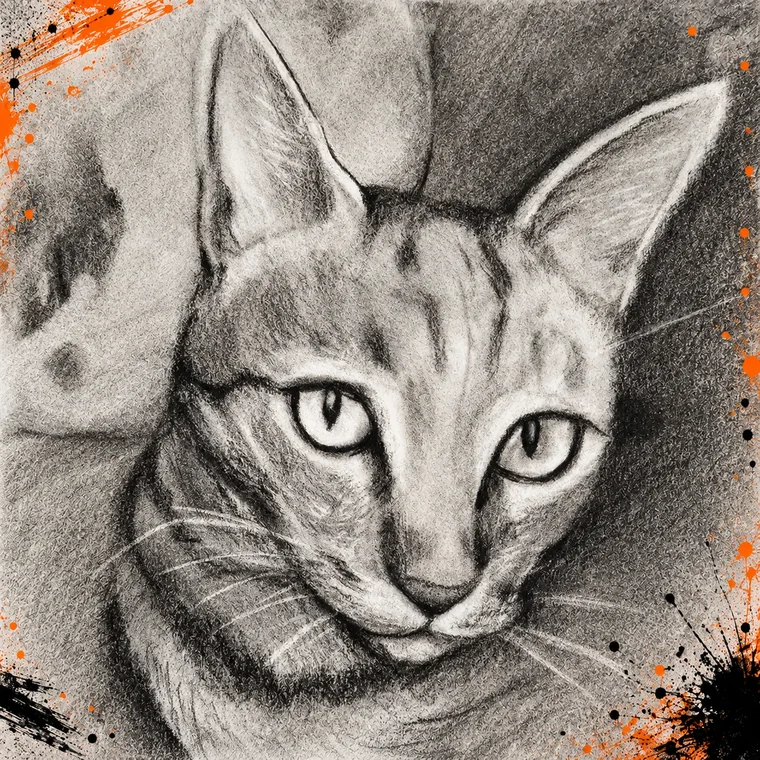 Retrato a carboncillo de un gato dibujado por DIME