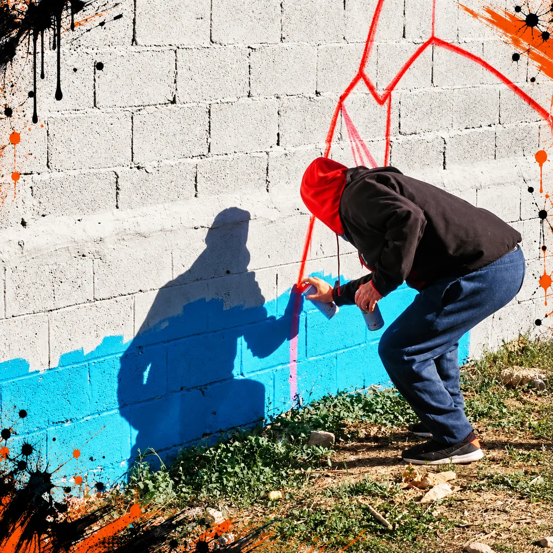 DIME pintando con spray un mural exterior sobre una pared de bloques