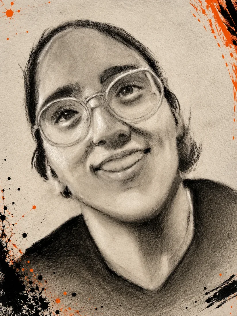 Retrato a carboncillo de una mujer con gafas dibujado por DIME