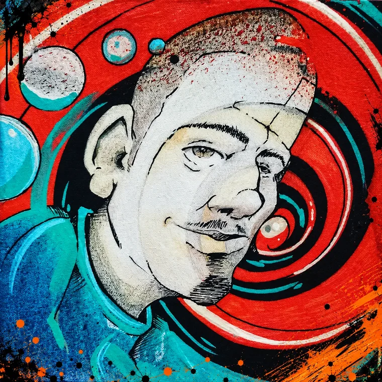 Retrato pintado en acrílico con fondo de colores realizado por DIME