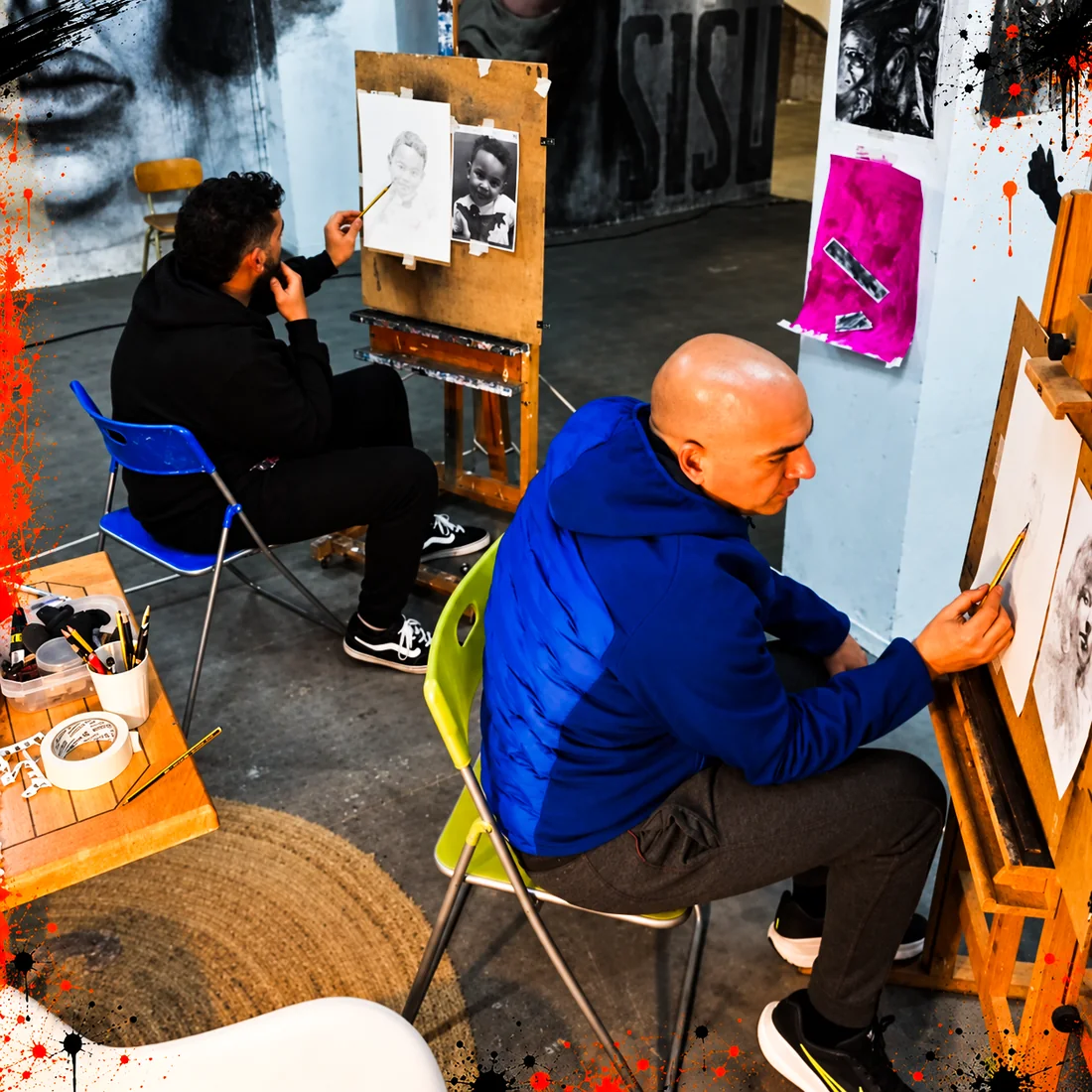 Taller de dibujo con alumnos trabajando en caballetes