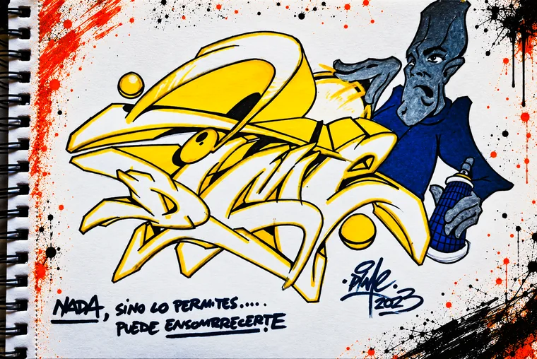 Boceto de lettering de graffiti en un cuaderno de DIME