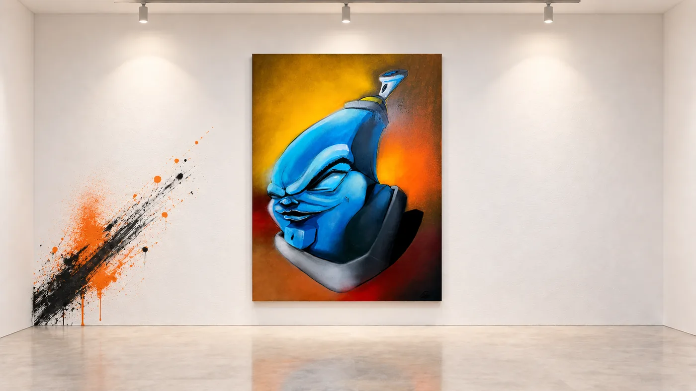 Lienzo de un bote de spray azul con rostro sobre fondo naranja